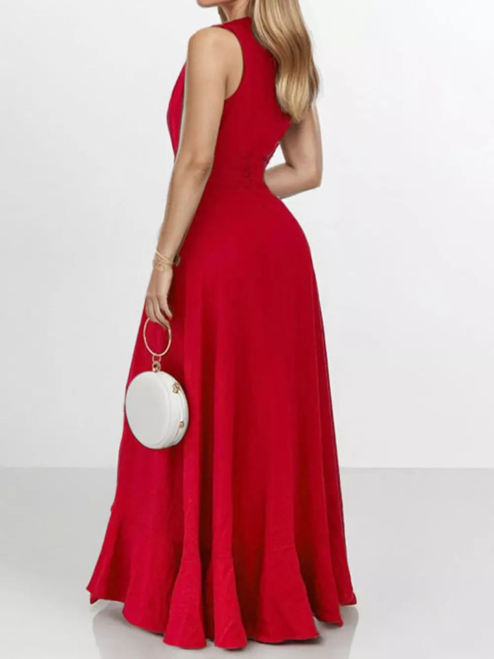 Red polyester maxi dress with ruffled high-low hem and sleeveless bodice.