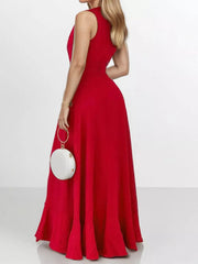 Red polyester maxi dress with ruffled high-low hem and sleeveless bodice.