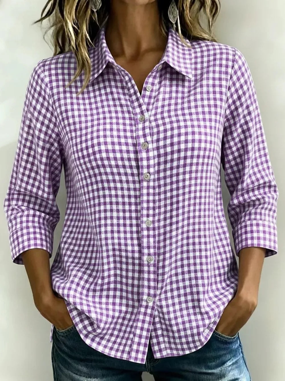 Full Size Plaid Collared Button Up Shirt, fit detail