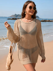 Khaki open knit beach cover-up tunic with long sleeves and crew neck.
