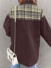 Brown denim jacket with plaid paneling on shoulders, buttoned front, casual styling.