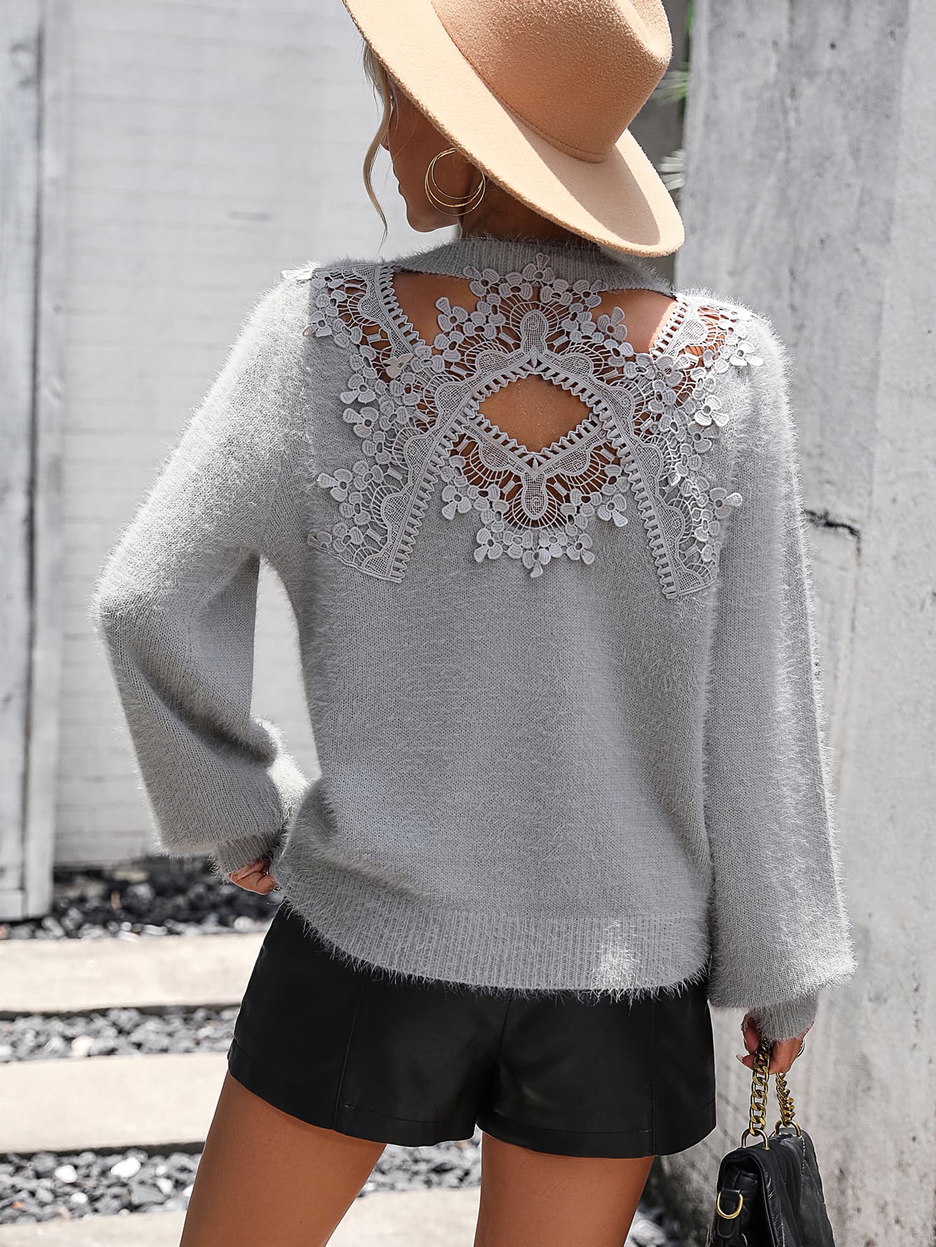 Light Gray fluffy knit sweater with intricate lace back detail and cutout.