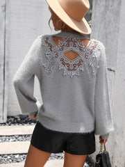 Light Gray fluffy knit sweater with intricate lace back detail and cutout.