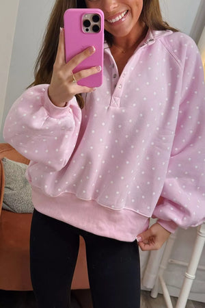 Polka Dot Metal Button Collar Sweatshirt in Blush Pink, close-up detail