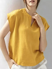 Yellow cap sleeve shirt with notched neckline and relaxed fit.