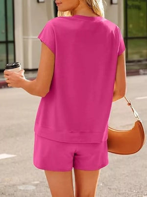 Button Detail Short Sleeve Top And Shorts Set in Lavender Purple, view 20