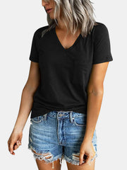 Black raglan pocket t-shirt with V-neck and short sleeves, paired with distressed denim shorts.