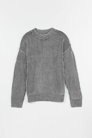 Black and white vertical ribbed mock neck pullover sweater with grey ribbed cuffs and hem.