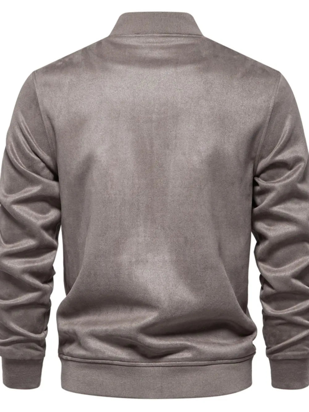 Suede-effect bomber jacket in taupe with ribbed collar, cuffs, and hem.