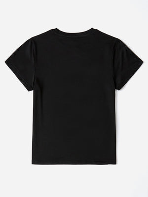Black graphic tee with crew neck and short sleeves.