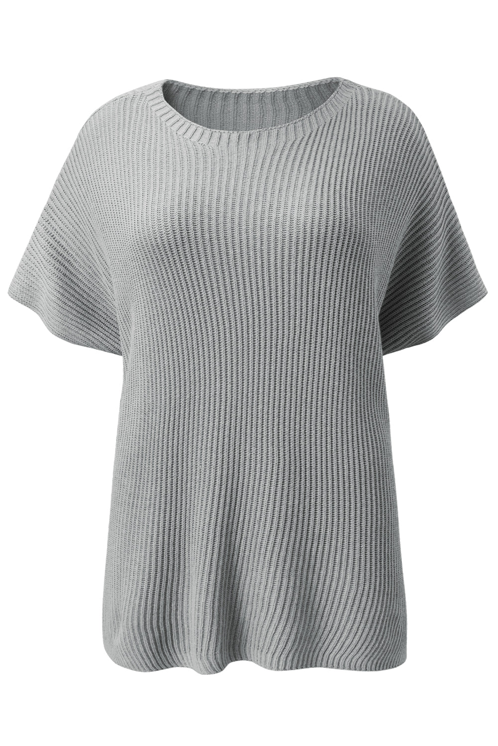 Gray ribbed knit cape sleeve top with crew neck and short sleeves.