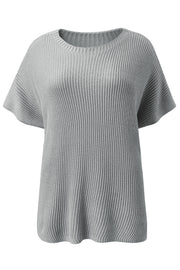 Gray ribbed knit cape sleeve top with crew neck and short sleeves.