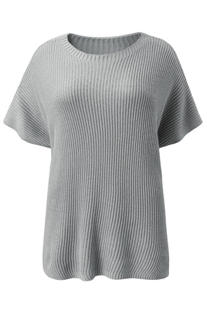 Gray ribbed knit cape sleeve top with crew neck and short sleeves.