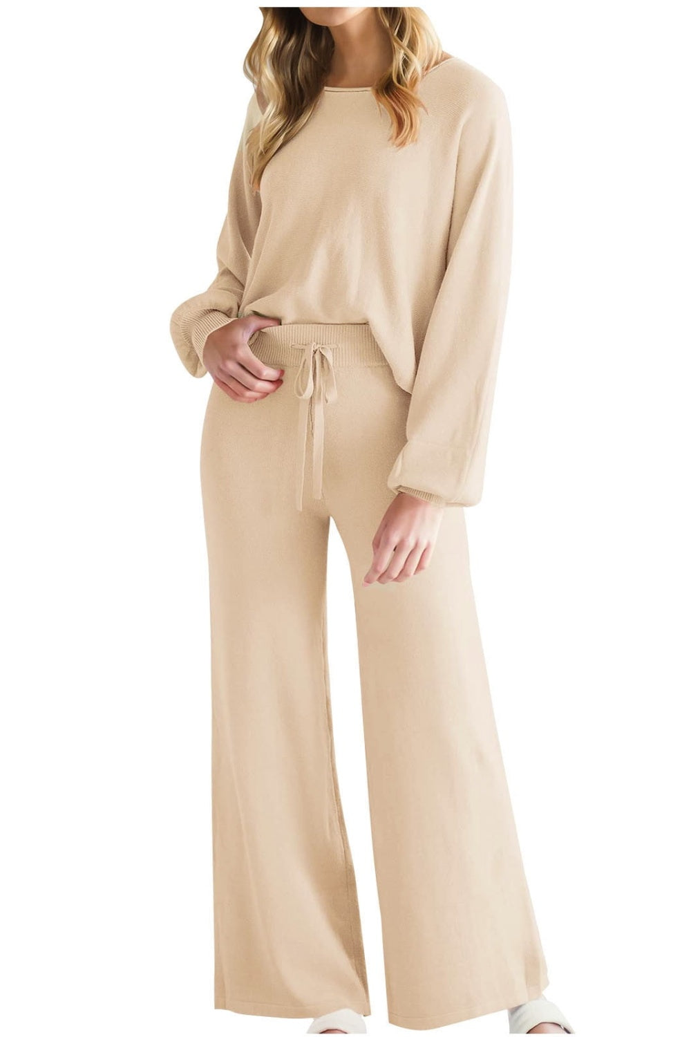 Tan loungewear set with crewneck, balloon sleeves, wide-leg pants, and drawstring waist.