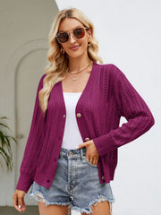Deep purple open knit button cardigan with ribbed trim and gold buttons.