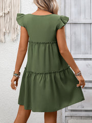 Army green ruffled cap sleeve mini dress with tiered skirt and textured fabric.