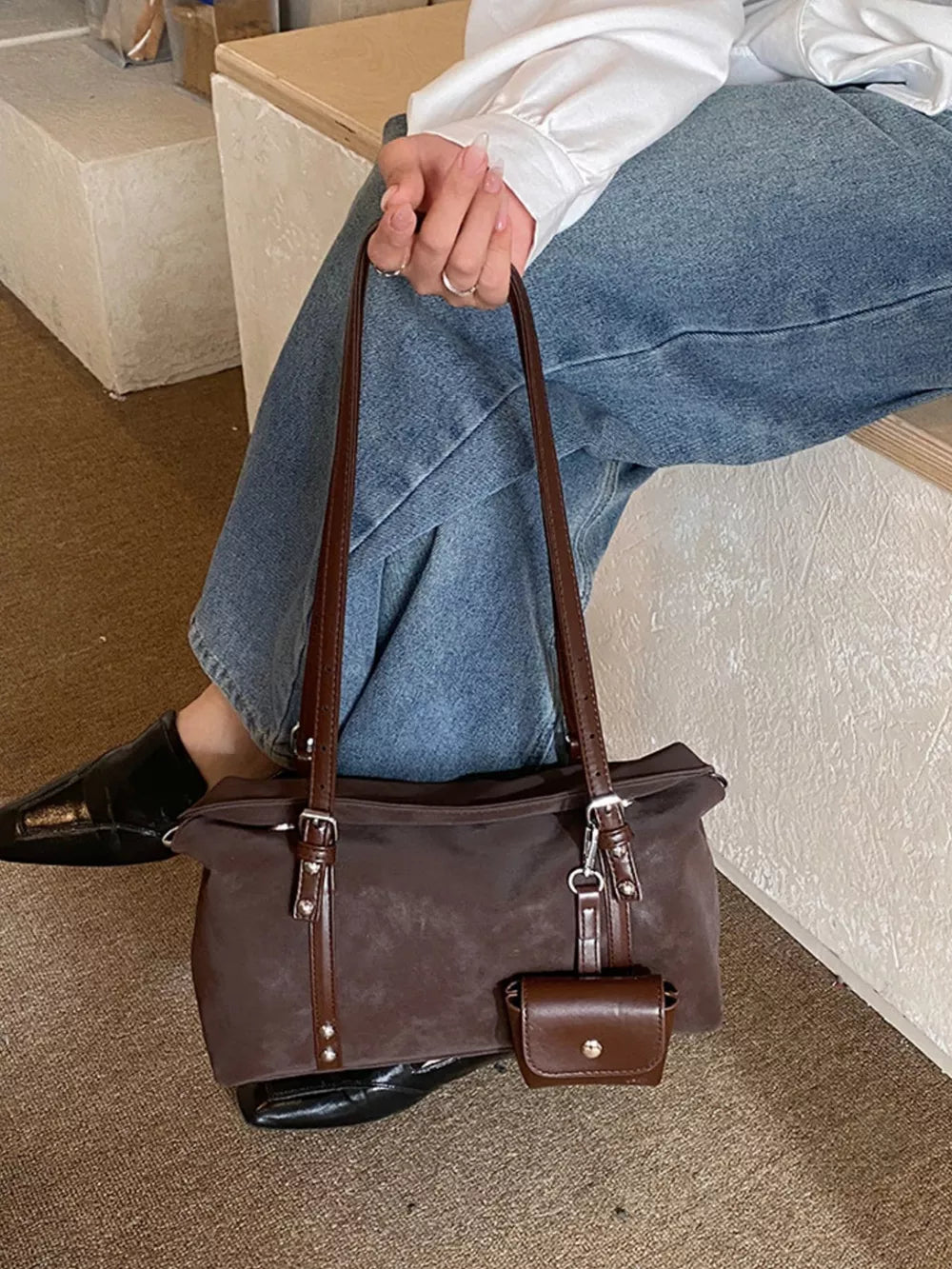 Leather Shoulder Bag With Detachable Pouch in Brown, fabric detail