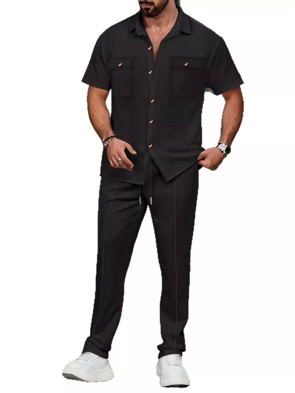 Men's black textured short sleeve button-up shirt and drawstring pants set