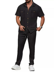 Men's black textured short sleeve button-up shirt and drawstring pants set