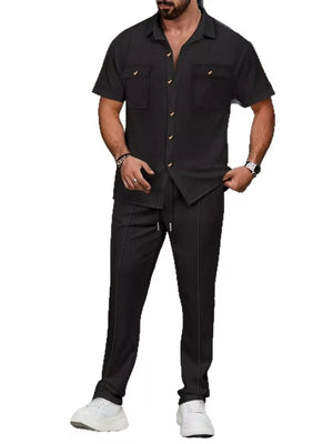 Men's black textured short sleeve button-up shirt and drawstring pants set