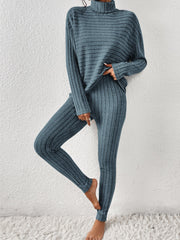 Deep Teal ribbed turtleneck loungewear set with long sleeves and fitted leggings.