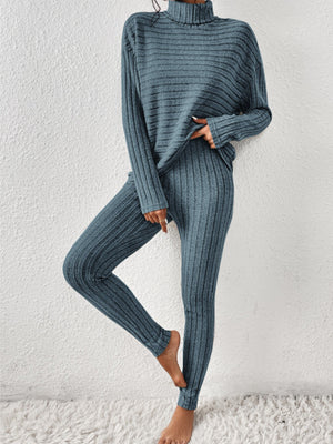 Deep Teal ribbed turtleneck loungewear set with long sleeves and fitted leggings.