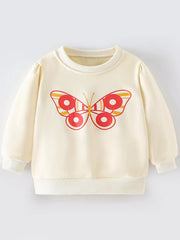 Baby crew neck sweatshirt in cream with a red and yellow butterfly graphic.