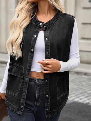 Washed black denim vest with band collar, button front, and chest pockets.