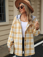 Pastel yellow plaid shacket with contrast grey hood and button front.
