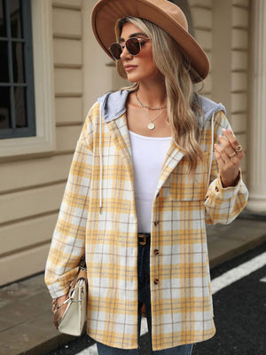 Pastel yellow plaid shacket with contrast grey hood and button front.