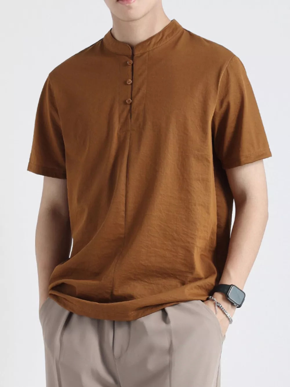 Men's caramel buttoned henley t-shirt with band collar and short sleeves