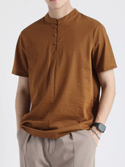 Men's caramel buttoned henley t-shirt with band collar and short sleeves