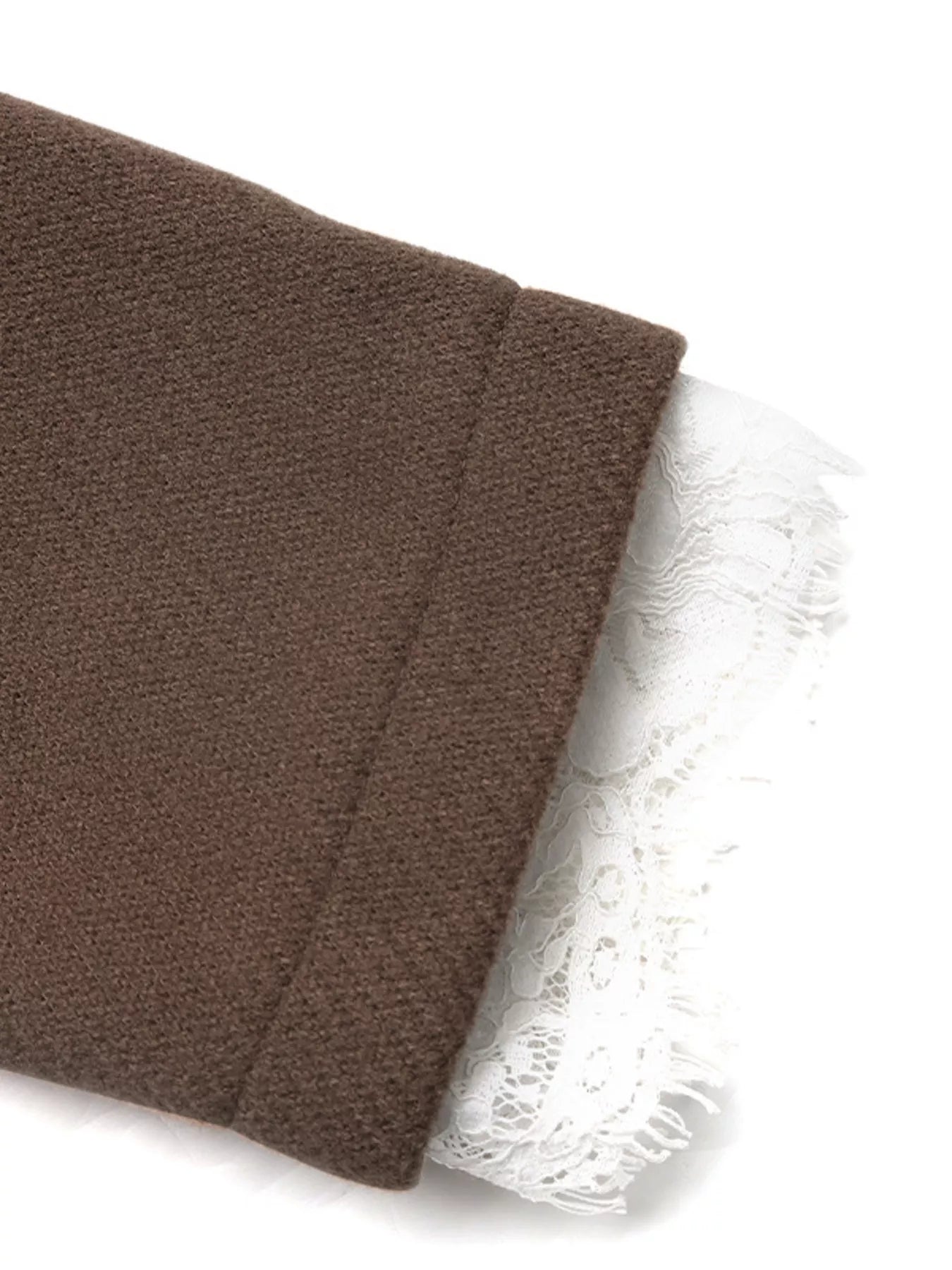 Brown blazer with white lace trim detail on the cuff.