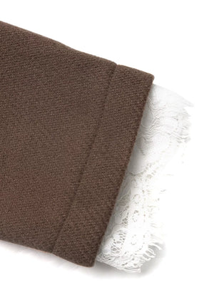 Brown blazer with white lace trim detail on the cuff.