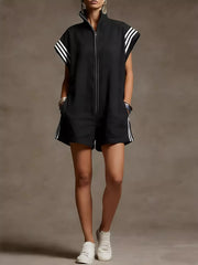 Striped Zip Front Romper, model styling view