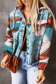 Denim hoodie jacket with Southwestern print on sleeves and pockets, light blue wash, cotton.