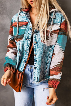 Denim hoodie jacket with Southwestern print on sleeves and pockets, light blue wash, cotton.