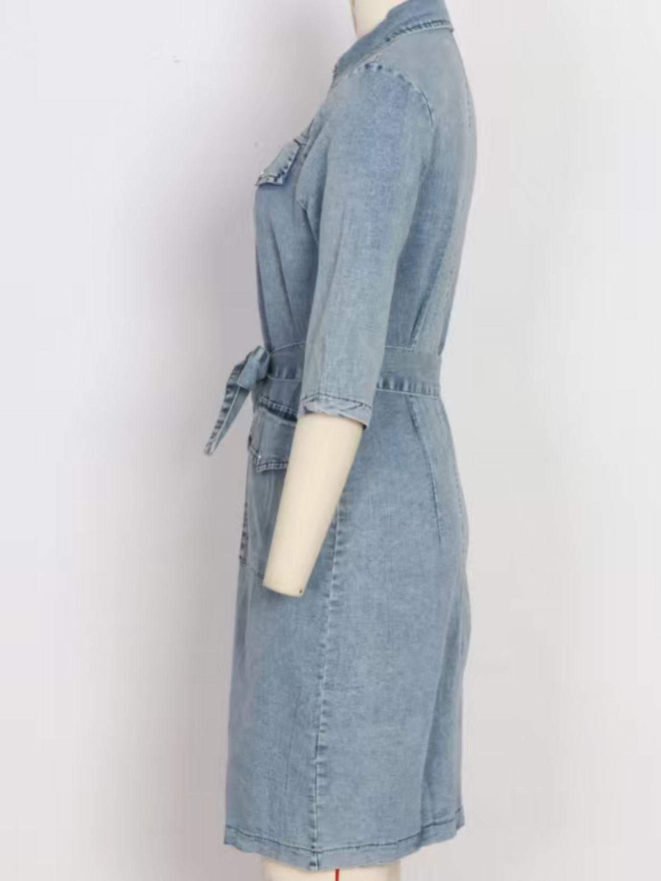 Light blue denim shirt dress with tie waist and 3/4 sleeves