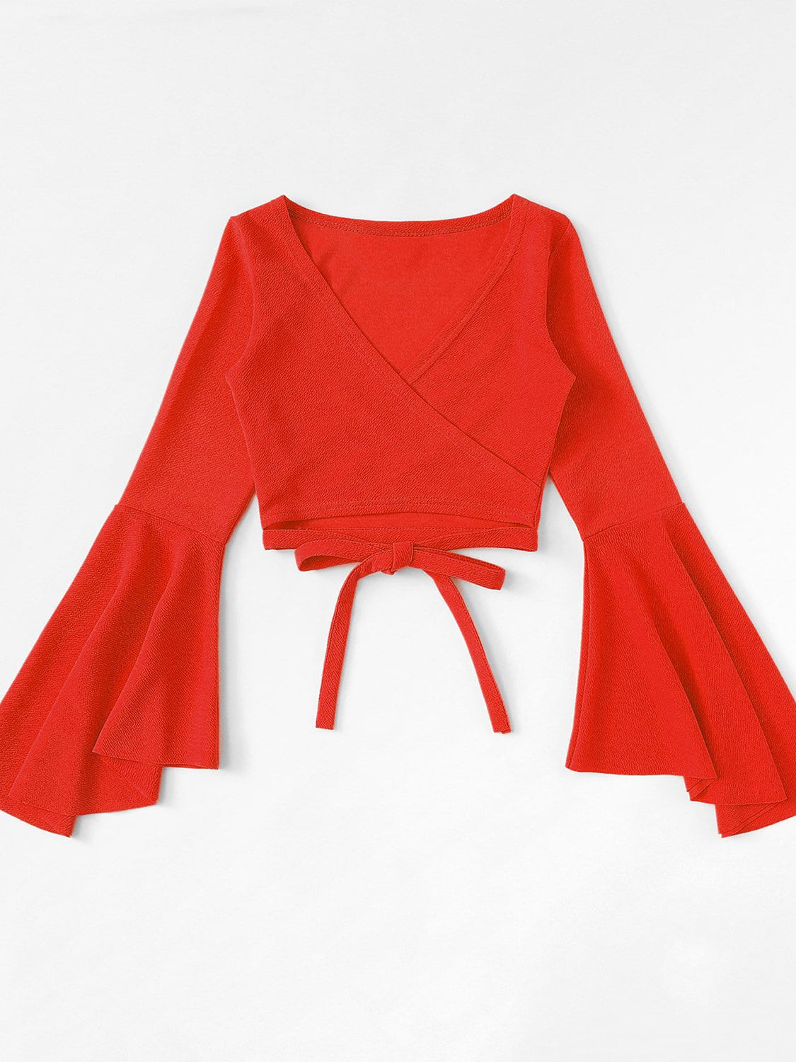 Red wrap crop top with bell sleeves and tie waist