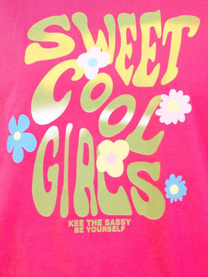 Pink t-shirt with "Sweet Cool Girls" graphic and flowers
