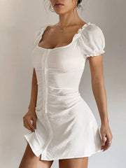 Ruched Button-front Puff Sleeve Mini Dress in White, side view