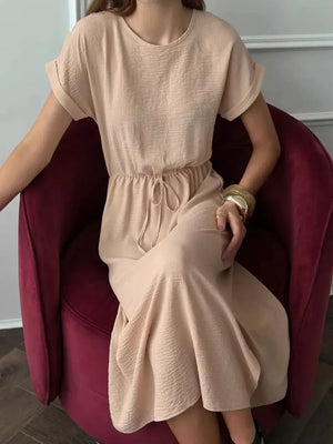 Casual Drawstring Waist Midi Dress in Deep Rose, side view