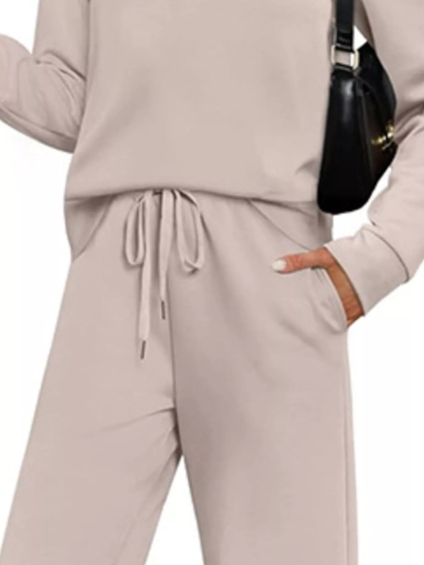Apricot casual long-sleeve top and pants set with drawstring waist and pockets