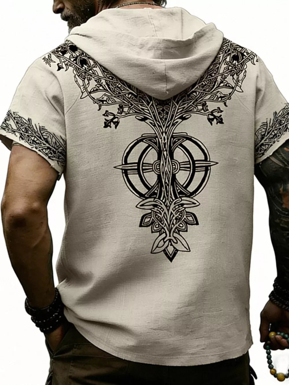 Men's Full Size Printed Hooded Short Sleeve Top in White, alternate angle