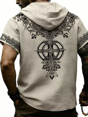 Men's Full Size Printed Hooded Short Sleeve Top in White, alternate angle