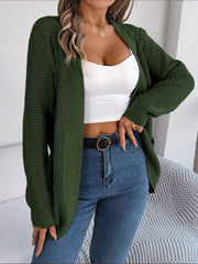 Army green textured knit open-front cocoon cardigan with pockets.