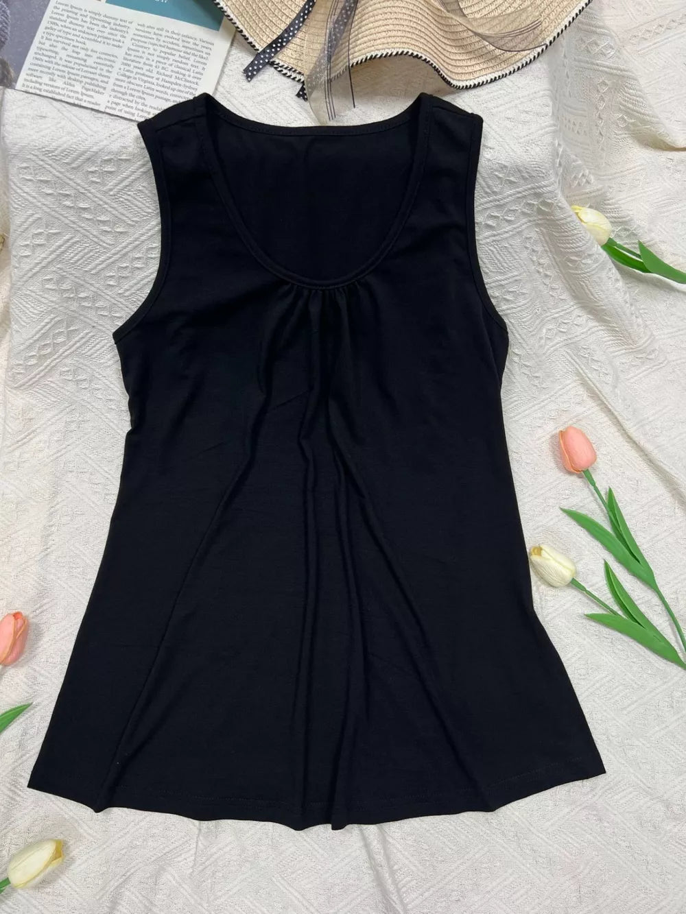 Black polyester scoop neck tank top with gathered detail and A-line cut.