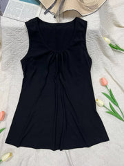 Black polyester scoop neck tank top with gathered detail and A-line cut.