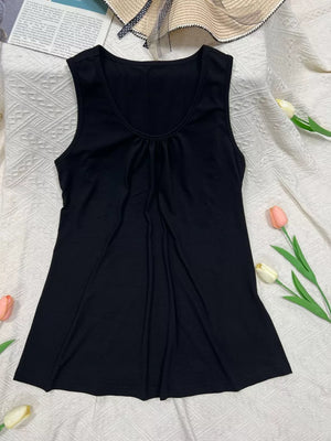 Black polyester scoop neck tank top with gathered detail and A-line cut.