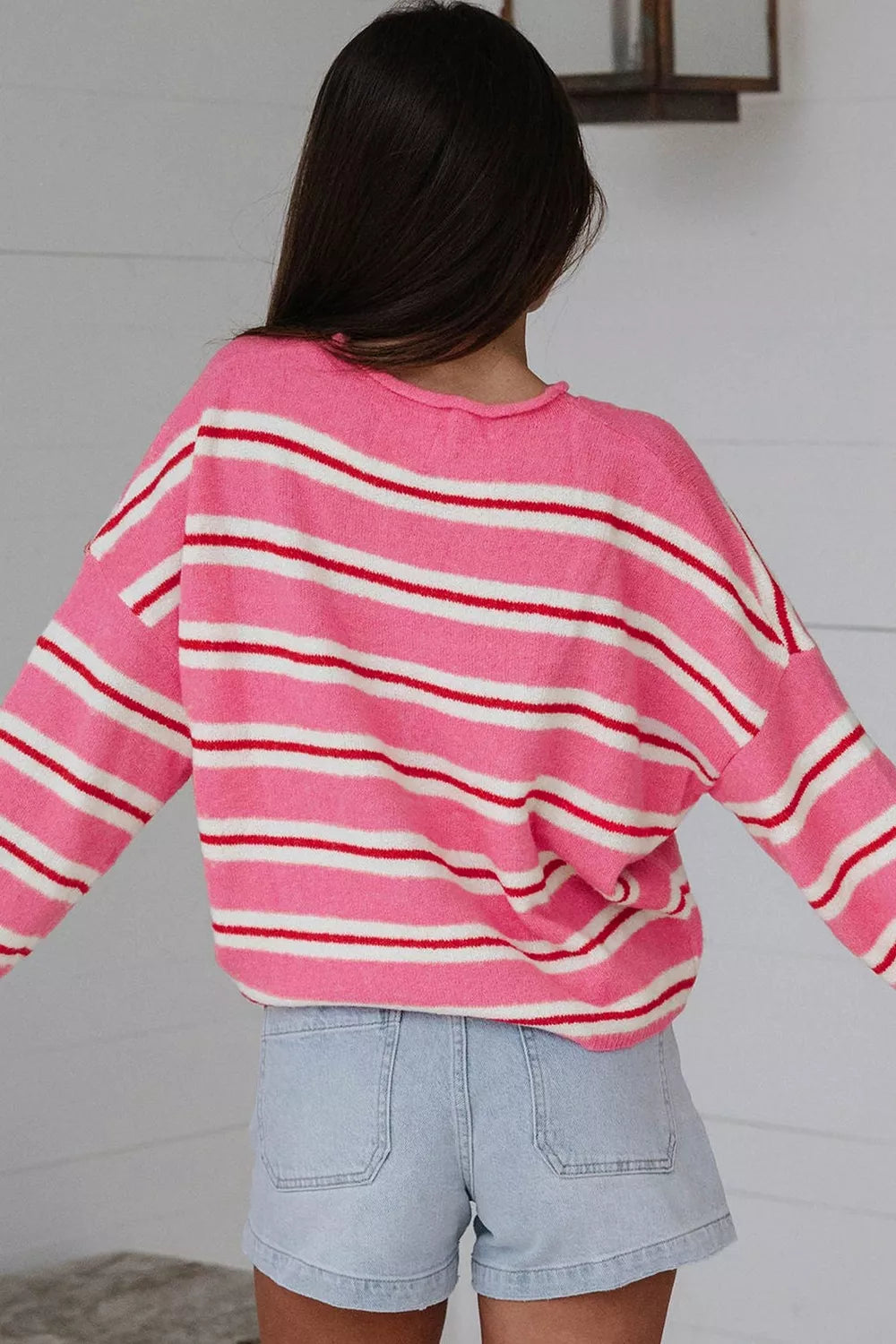 Striped Button-up Cardigan in Pink, side view